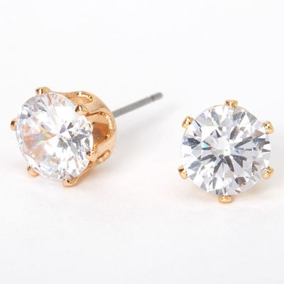 Gold Cubic Zirconia Round Stud Earrings - 8MM