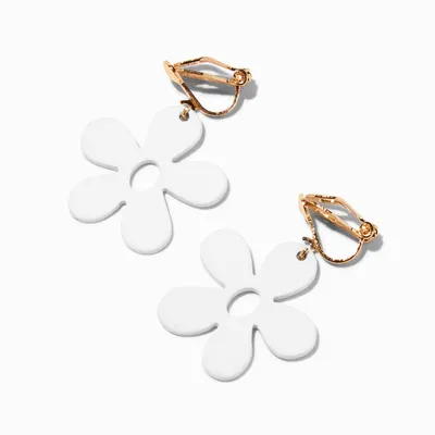 White Daisy 1'' Gold Clip-On Drop Earrings