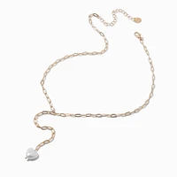 Gold-tone Paperclip Faux Pearl Heart Y-Neck Necklace