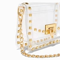 Gold-Studded Clear Flap Crossbody Bag