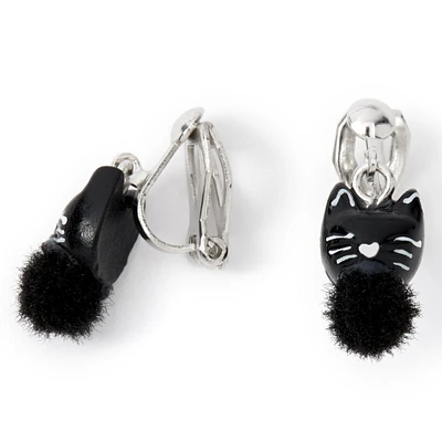 Black Cat Pom Pom Clip-On Earrings