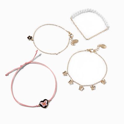 Pink Butterfly Gold Chain Bracelet Set - 4 Pack
