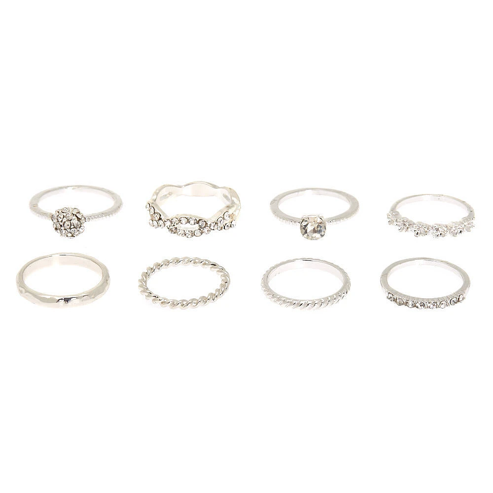 Silver Studded Assorted Ring Set - 8 Pack