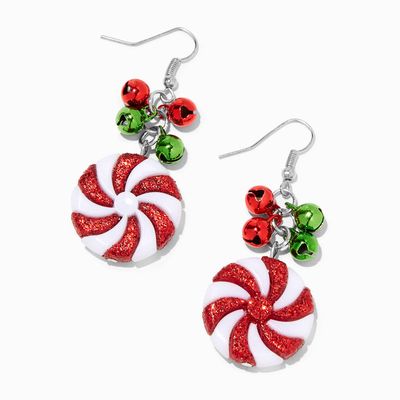 Peppermint Swirl Jingle Bell 2" Drop Earrings