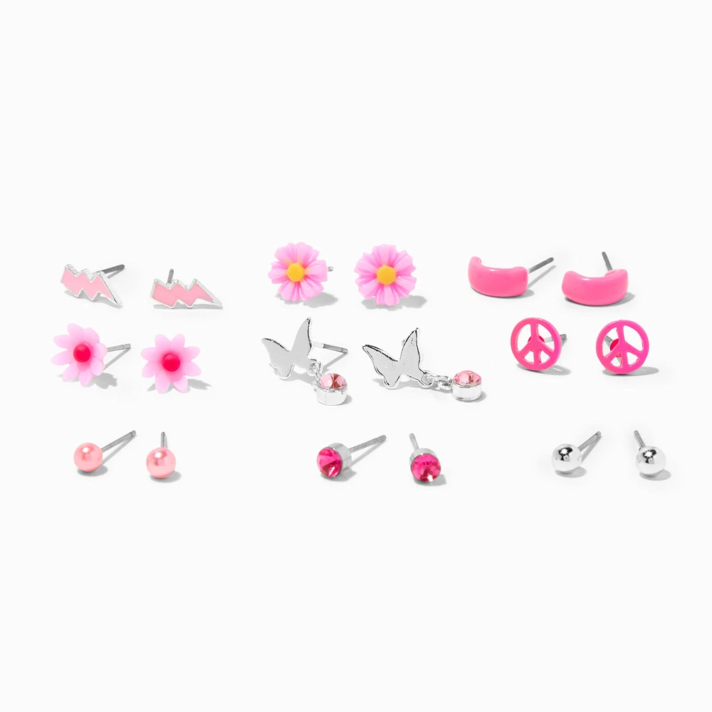 Pink Butterfly & Flower Stud Earrings - 9 Pack