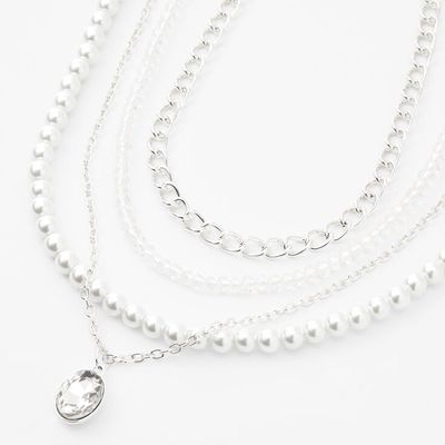 Silver Rhinestone Pearl Chain Multi Strand Necklace