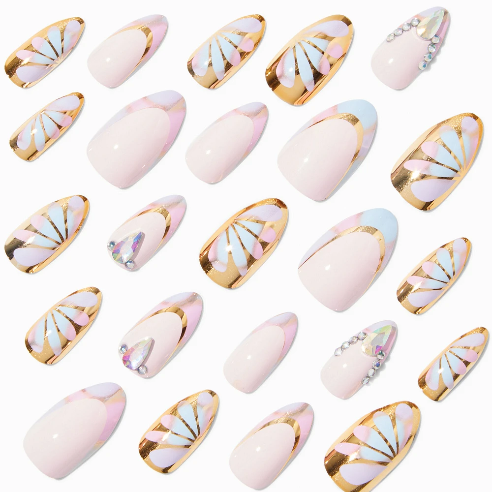 Multi Daisy Gold Chrome Bling Stiletto French Tip Vegan Faux Nail Set - 24 Pack