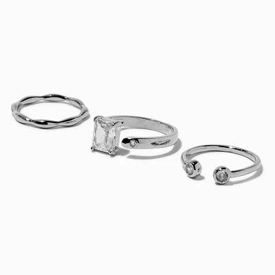 Silver-tone Cubic Zirconia Open-Front Ring Set - 3 Pack