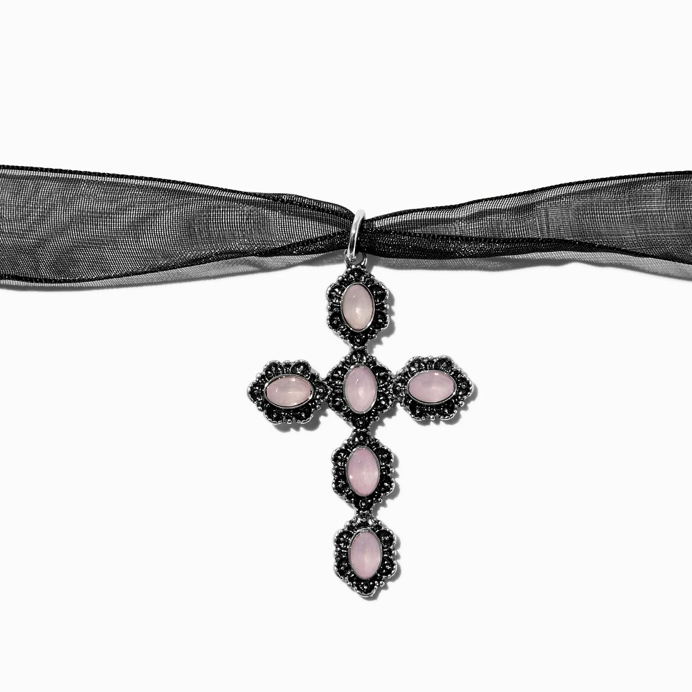 Purple Filigree Cross Pendant Black Ribbon Choker Necklace