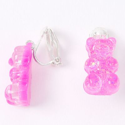 Silver 0.5" Gummy Bear Clip On Drop Earrings - Purple