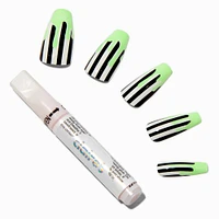 Glow in the Dark Drip Black & White Stripe Squareletto Vegan Faux Nail Set - 24 Pack