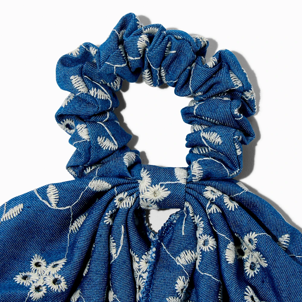 Embroidered Floral Denim Hair Scrunchie Scarf