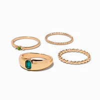 Green Rhinestone Gold-tone Signet Ring Set - 4 Pack