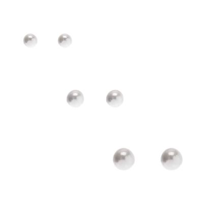 Silver Graduated Pearl Stud Earrings - White, 3 Pack
