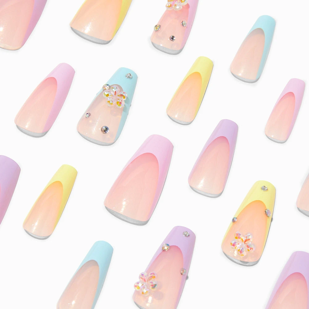 3D Pastel Flower Tip Squareletto Vegan Faux Nail Set - 24 Pack