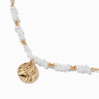 Gold-tone Shell & Pearl Beaded Textured Disc Pendant Necklace