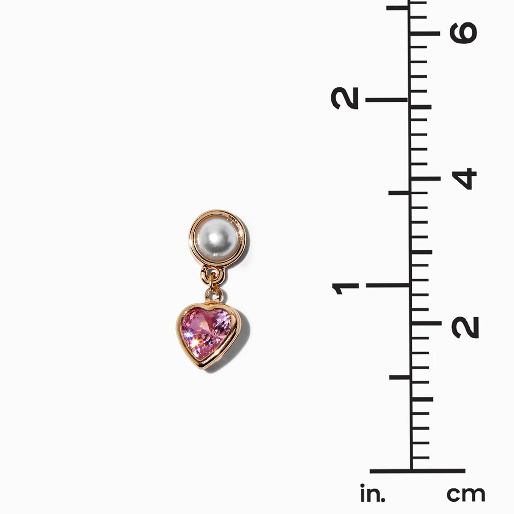 Gold-tone Pearl & Pink Heart Cubic Zirconia 0.5" Drop Earrings