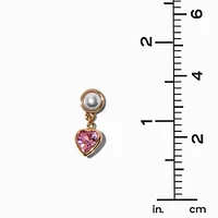 Gold-tone Pearl & Pink Heart Cubic Zirconia 0.5" Drop Earrings