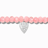 Silver Heart Pink Beaded Stretch Bracelet