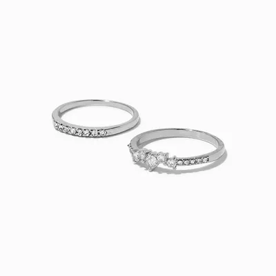 Silver-tone Cubic Zirconia Wavy Rings - 2 Pack