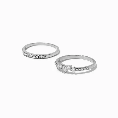 Silver-tone Cubic Zirconia Wavy Rings - 2 Pack