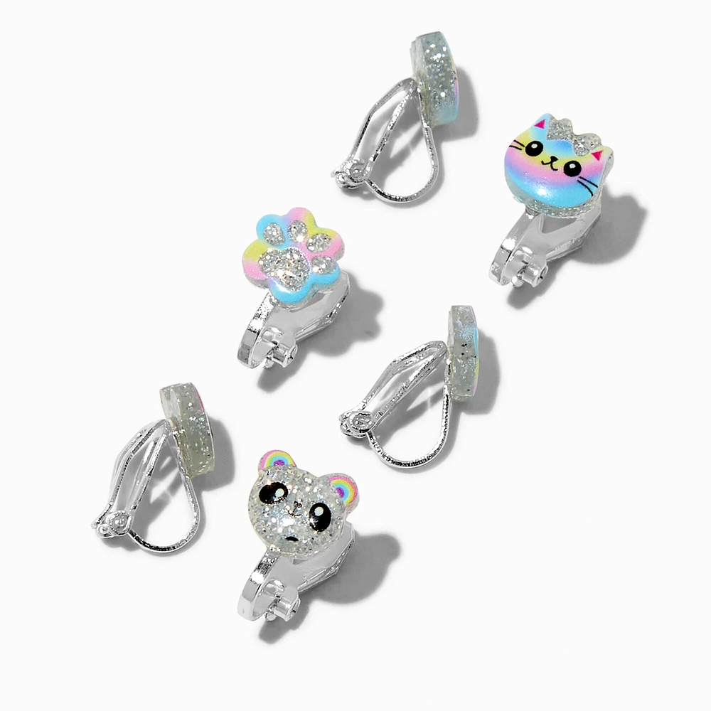 Glitter Cat, Bears & Paws Clip-On Earrings - 3 Pack