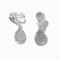 Silver-tone Tiny Glitter Teardrop Clip-on 1" Drop Earrings