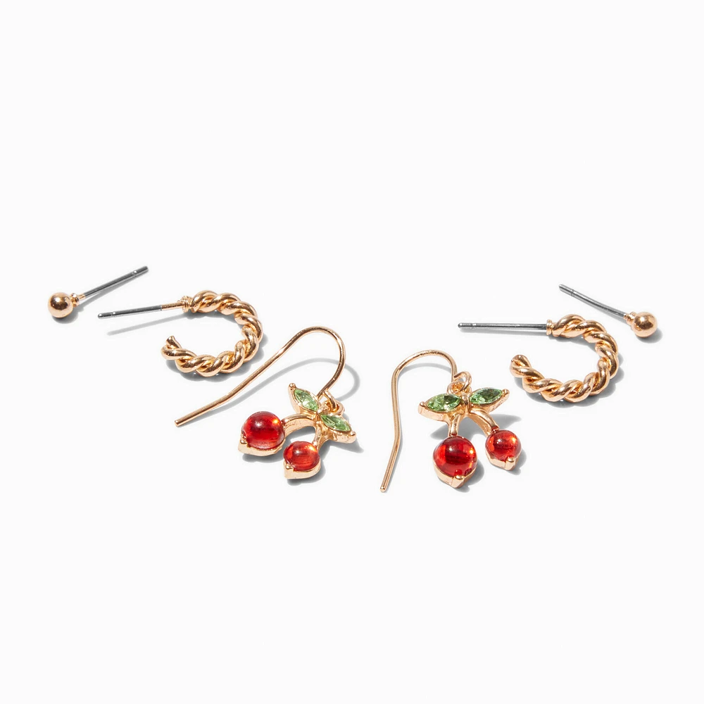 Gold-tone Cherry Earring Stackables - 3 Pack