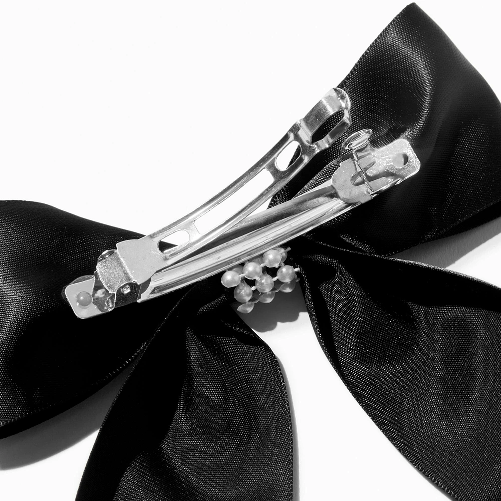 Black Satin Pearl Center Hair Bow Clip