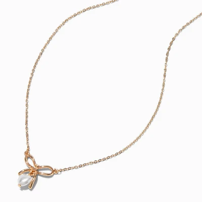 Gold-tone Bow & Heart Pearl Pendant Necklace