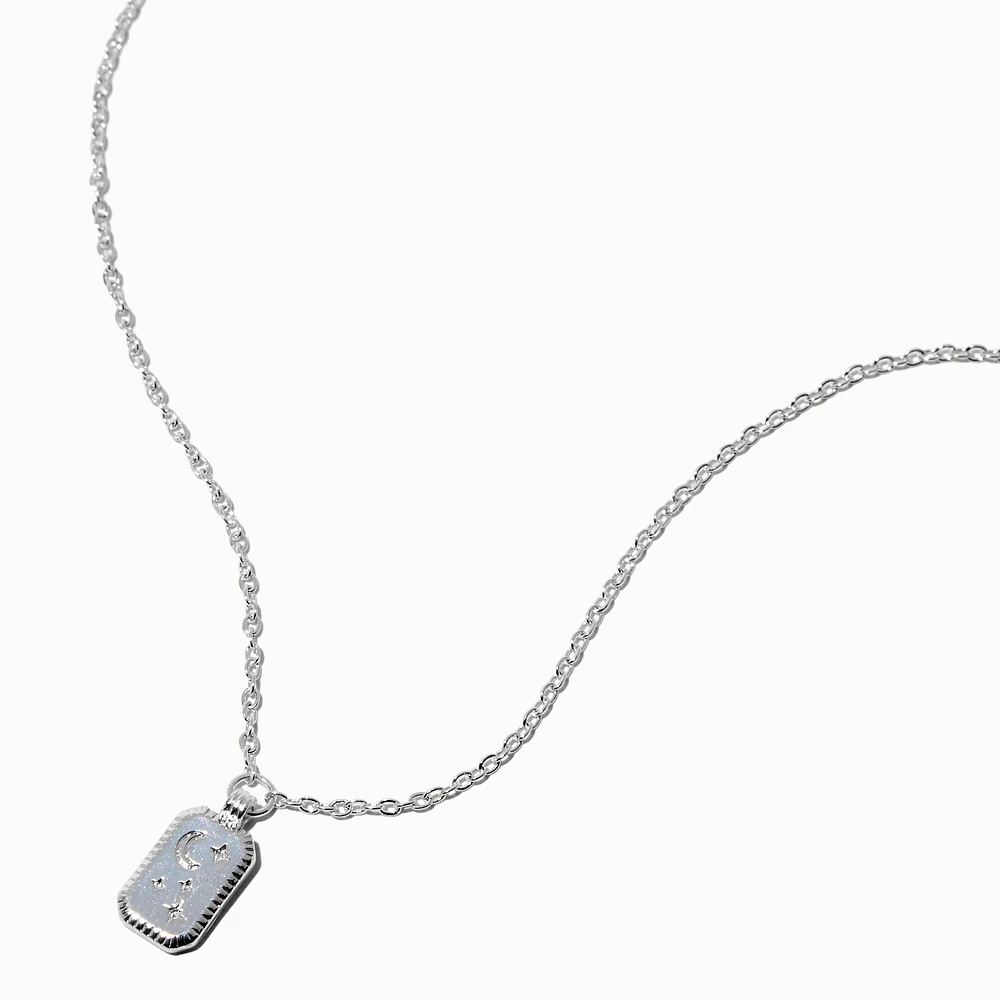 Silver-tone Mini Etched Moon & Stars Square Pendant Necklace