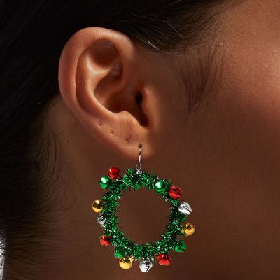 Christmas Silver 1'' Tinsel Wreath Hoop Earrings