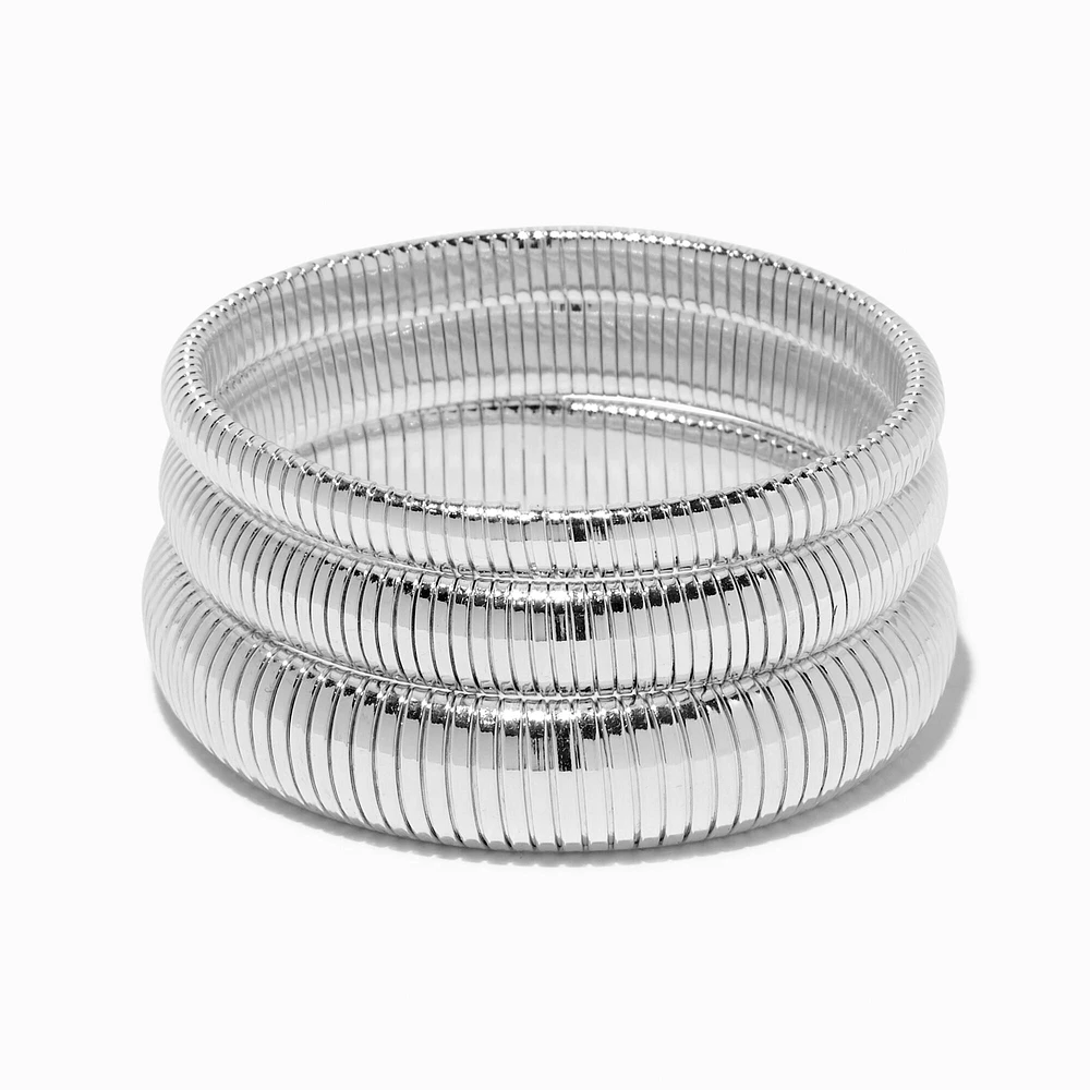 Silver-tone Ribbed Stackable Bangle Bracelets - 3 Pack