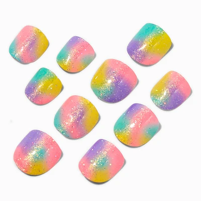 Claire's Club Glitter Rainbow Square Press On Vegan Faux Nail Set - 10 Pack