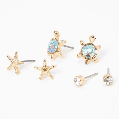 Gold Starfish Turtle Stud Earrings - 3 Pack