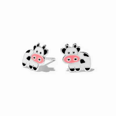Sterling Silver Enamel Cow Stud Earrings