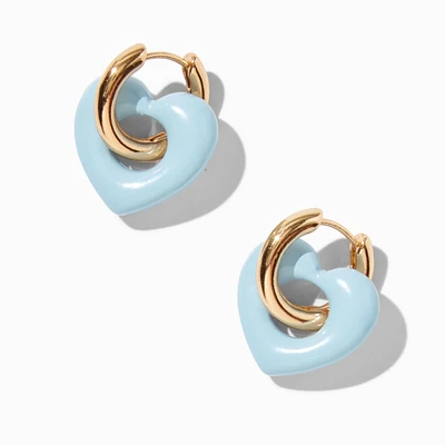 Gold-tone & Light Blue Puffy Heart Hoop Earrings