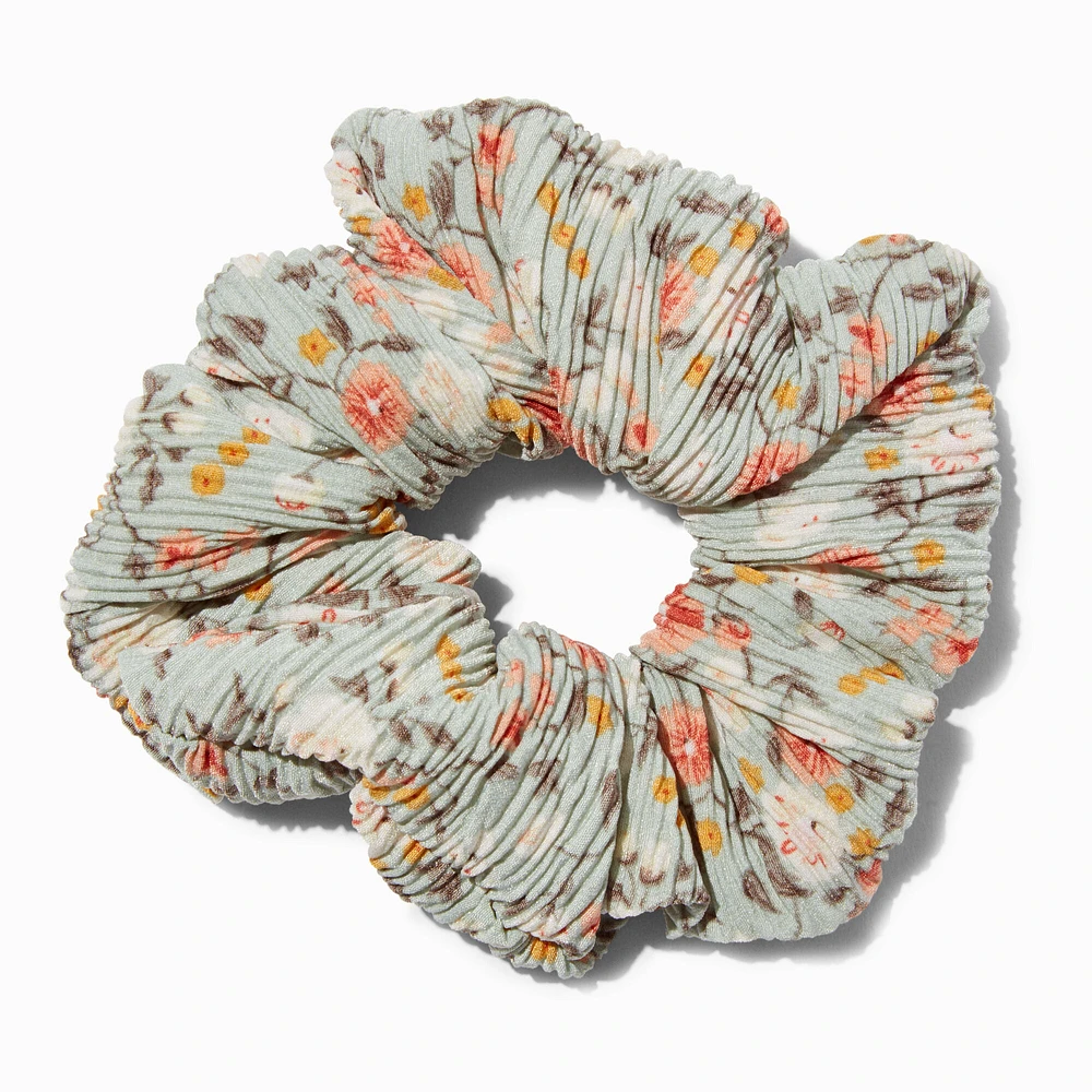 Pleated Green Floral Hair Scrunchie