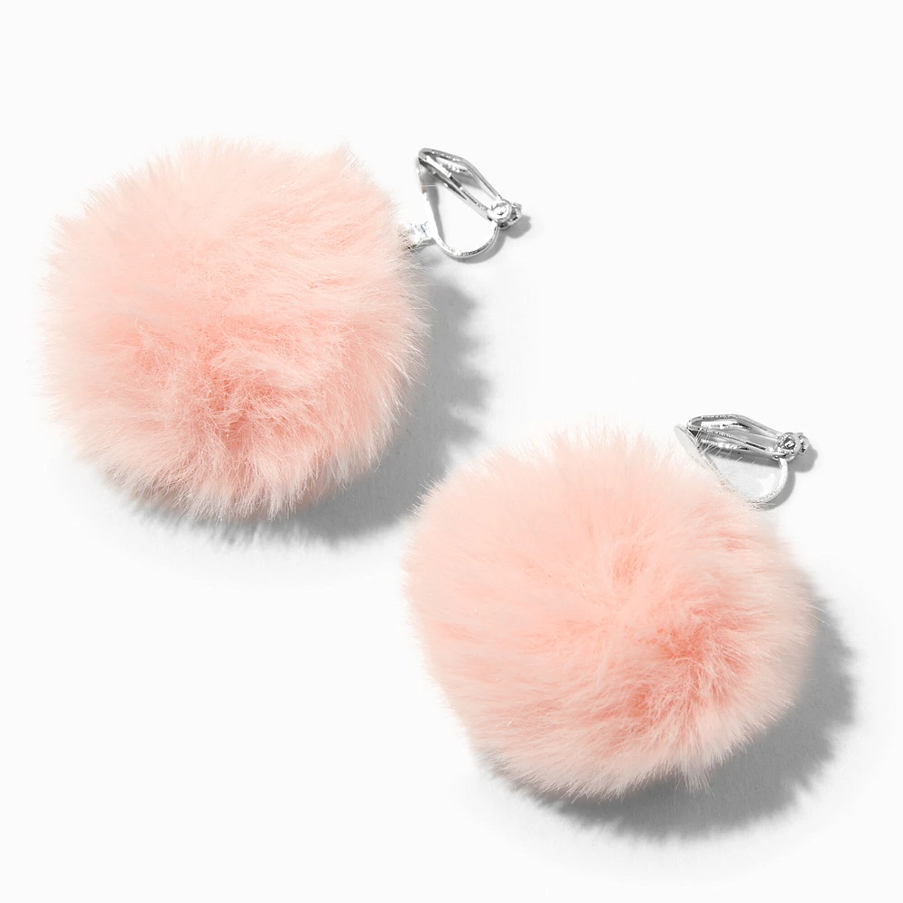 Light Pink Pom Pom 1.5" Clip On Drop Earrings