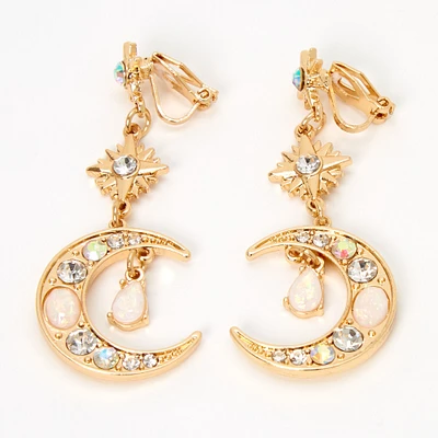 Gold 2" Opal Starburst Moon Clip On Drop Earrings