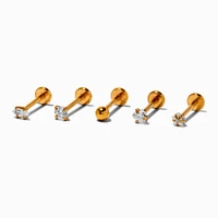 Gold-tone Stainless Steel Cubic Zirconia 18G Stud Threadless Cartilage Earrings - 5 Pack