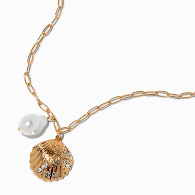 Clam Shell & Pearl Gold-tone Pendant Necklace