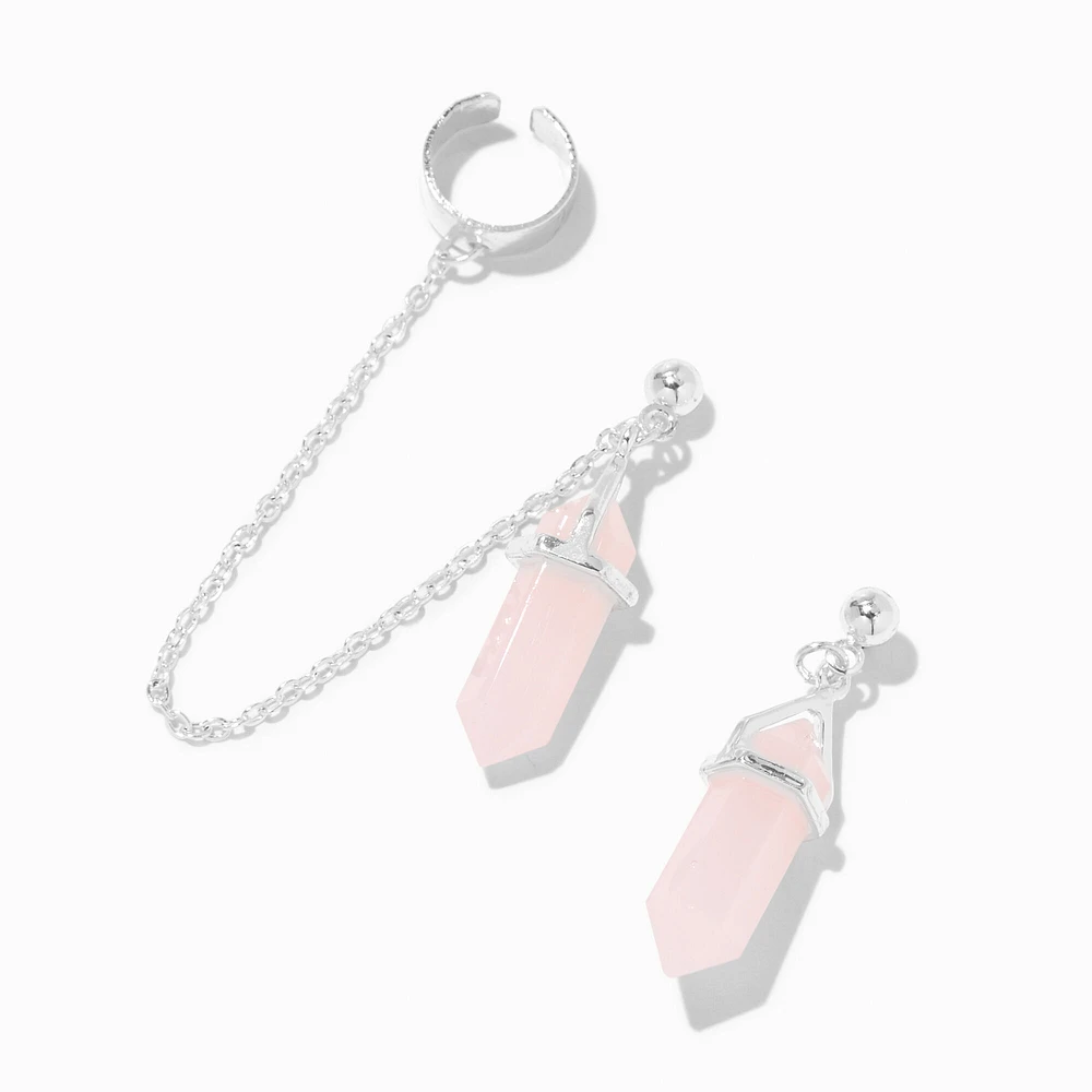 Pink Mystical Gem Silver Cuff Connector Drop Earrings