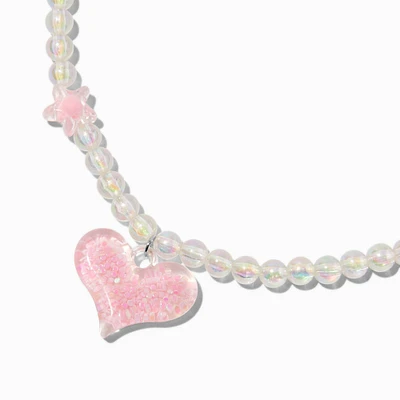 Pink Heart Iridescent Beaded Pendant Necklace