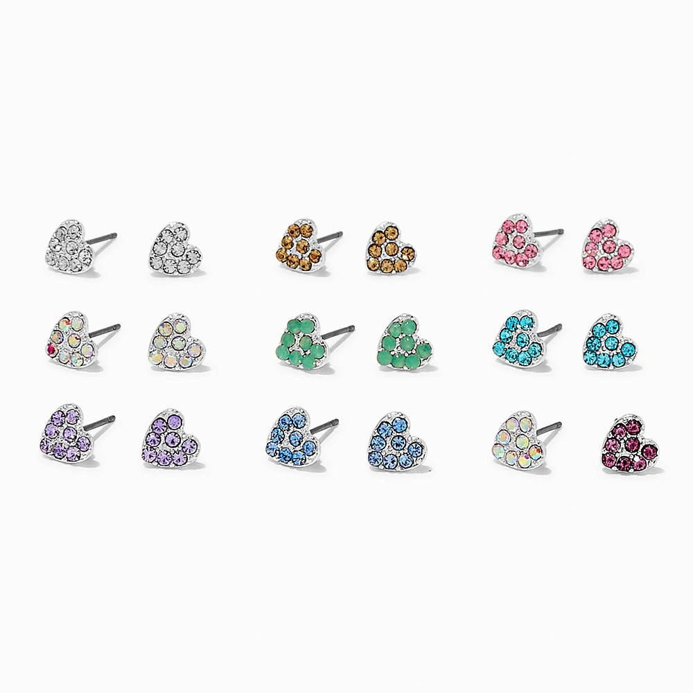 Pastel Crystal Heart Stud Earrings - 9 Pack