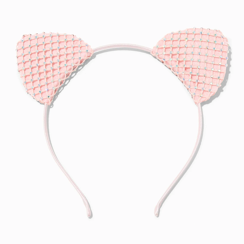 Pink Lace Rhinestone Cat Ears Headband