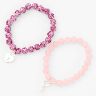 Silver Heart Lock & Key Beaded Stretch Bracelet - Blush Pink, 2 Pack