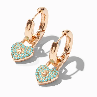 Turquoise Heart Lock Gold-tone Clicker Hoop Earrings