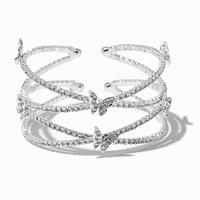 Rhinestone Butterfly Silver-tone Criss Cross Cuff Bracelet