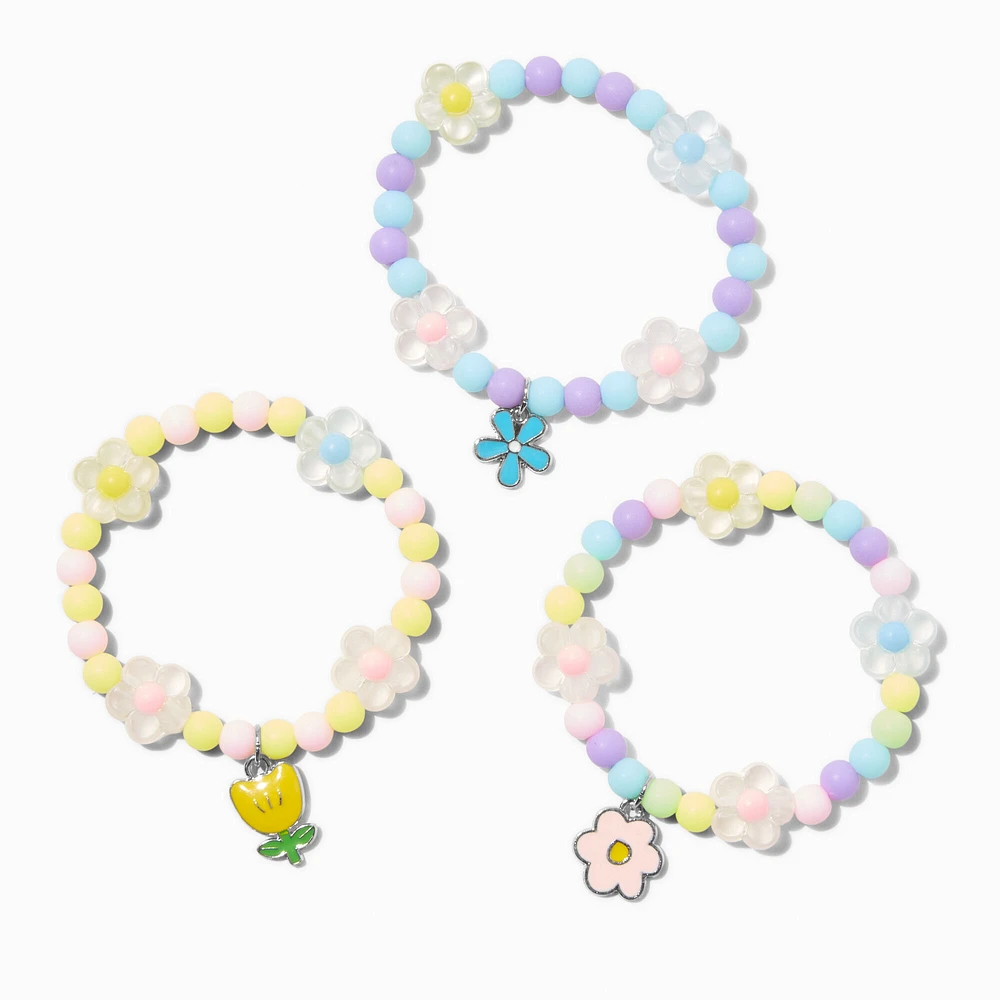 Claire's Club Spring Floral Beaded Charm Stretch Bracelets - 3 Pack